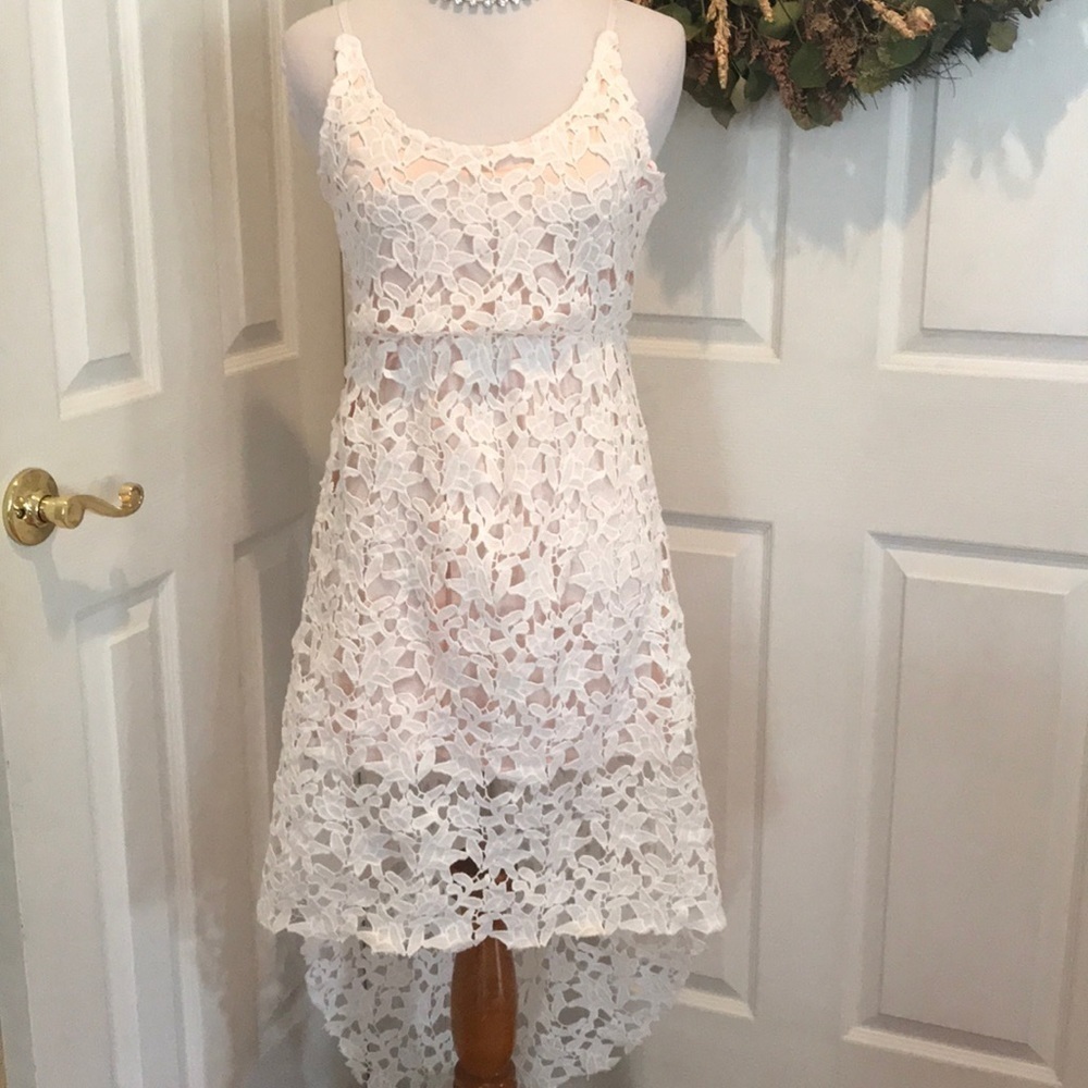 Haute Rogue white lace dress, peach slip